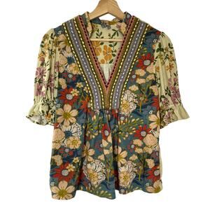 bl-nk london anthropologie multicolor floral short sleeved blouse women's S